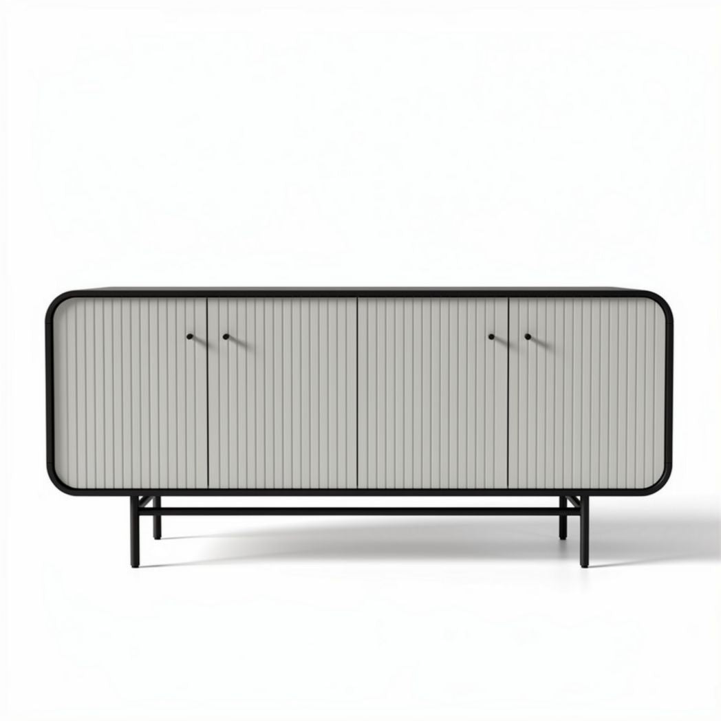 Gray striped sideboard with four doors and metal legs 150 x 40 x 70cm