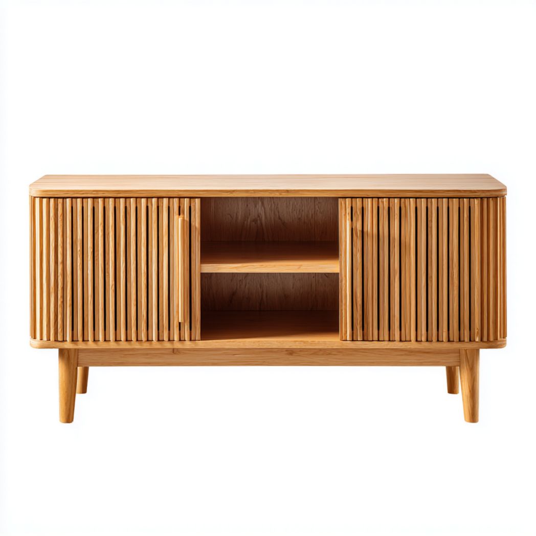Wooden entertainment center with carved designs and metallic legs 150 x 45 x 65cm