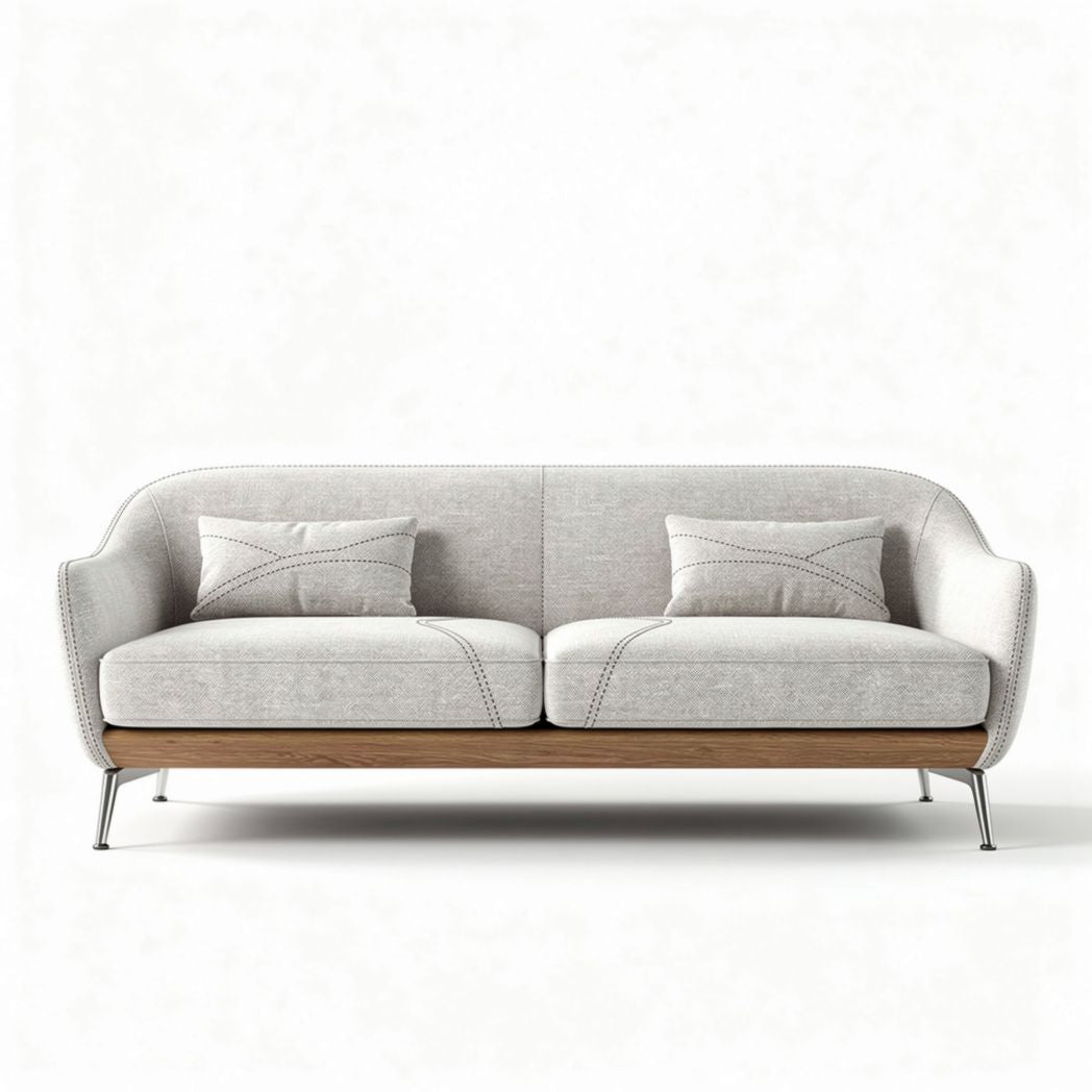 Fabric sofa with wood base and two cushions in neutral color 200 x 80 x 85cm