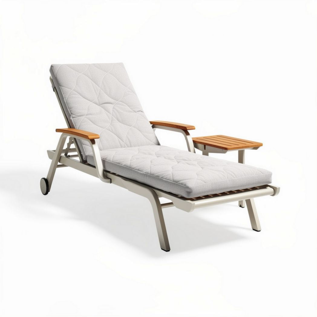 Wooden chaise lounge with black cushion for outdoor relaxation 190 x 70 x 30cm