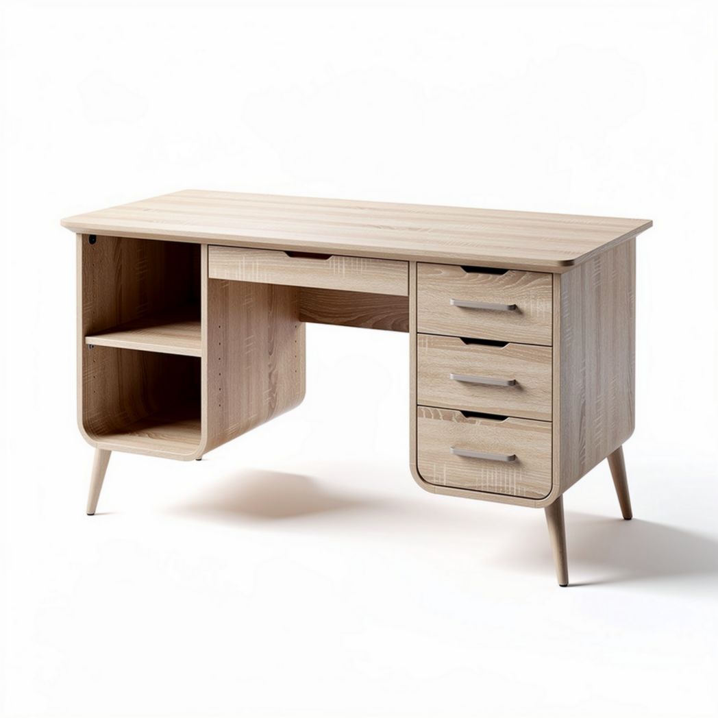 White wooden desk with two drawers and open shelf storage 120 x 60 x 75cm
