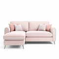 Sectional sofa in soft pink fabric with five accent pillows 200 x 100 x 85cm