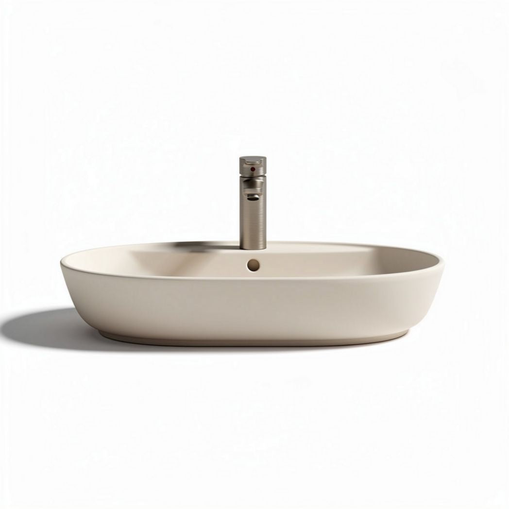 Ceramic oval vessel sink with brushed nickel faucet in beige 40 x 25 x 10cm