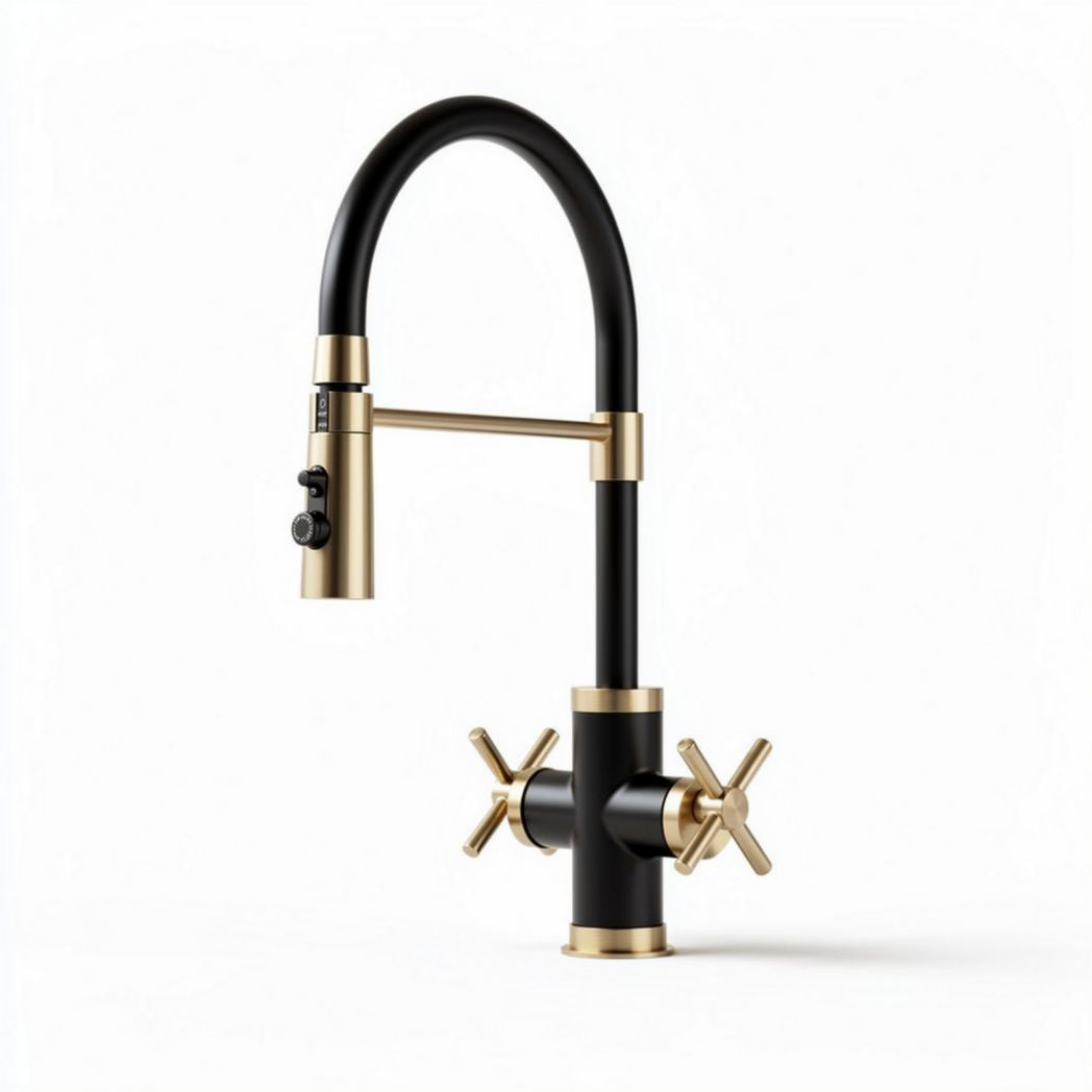 Black and gold kitchen faucet with pull-down sprayer and dual handles