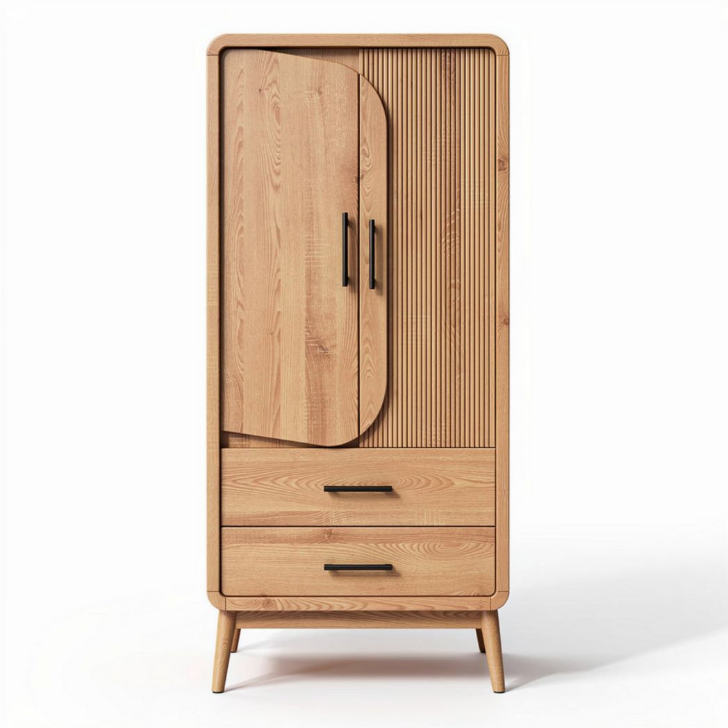Natural wood wardrobe with two drawers and textured door design 45 x 30 x 120cm