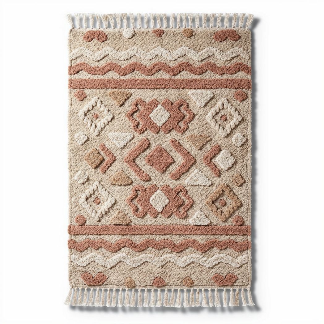 Textured area rug with geometric pattern in beige and terracotta 90 x 60 x 2cm