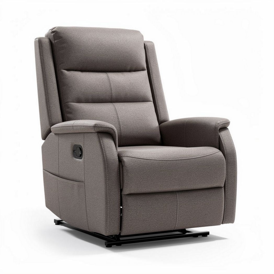 Reclining armchair with beige fabric upholstery and sturdy metal frame