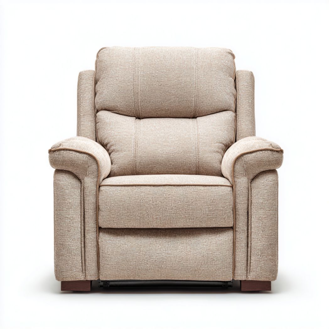 Light gray upholstered lounge chair with metal legs and ergonomic design