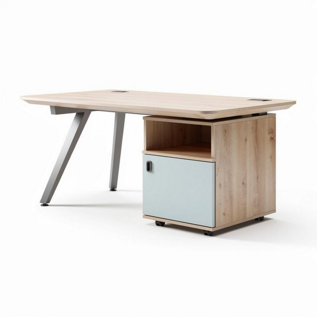 Modern wooden desk with storage cabinet and metal legs 150 x 75 x 75cm